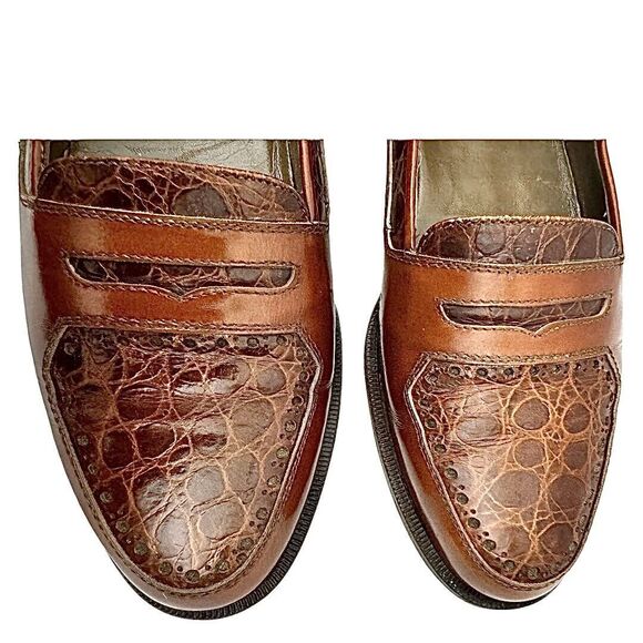 Mario Bruni Mens Loafer Slip On Cognac Leather-Crocodile Size 8 M Pre-Owned - Picture 9 of 10